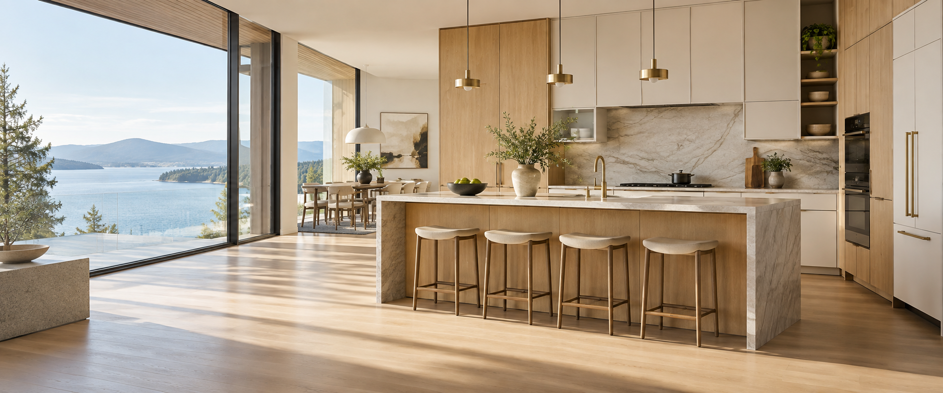 Contemporary custom kitchen with pale oak cabinetry and a stone island